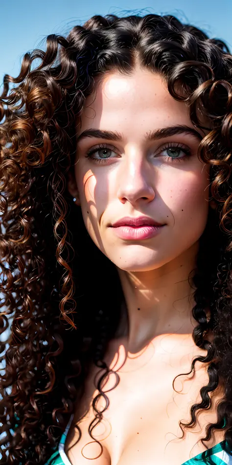 (8k, RAW photo, highest quality), a nude beautiful woman with long curly hair and a black background is looking at the camera with a serious look on her face, chubby, (sparkling heterochromia eyes:1.2), (Pretty latino girl, african mixed), (black skin woma...