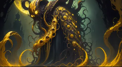 cosmic horror, a monstrous creature with tentacles, yellow and black, horror, dark mood, dark ambient, in a yellow tentacles dar...