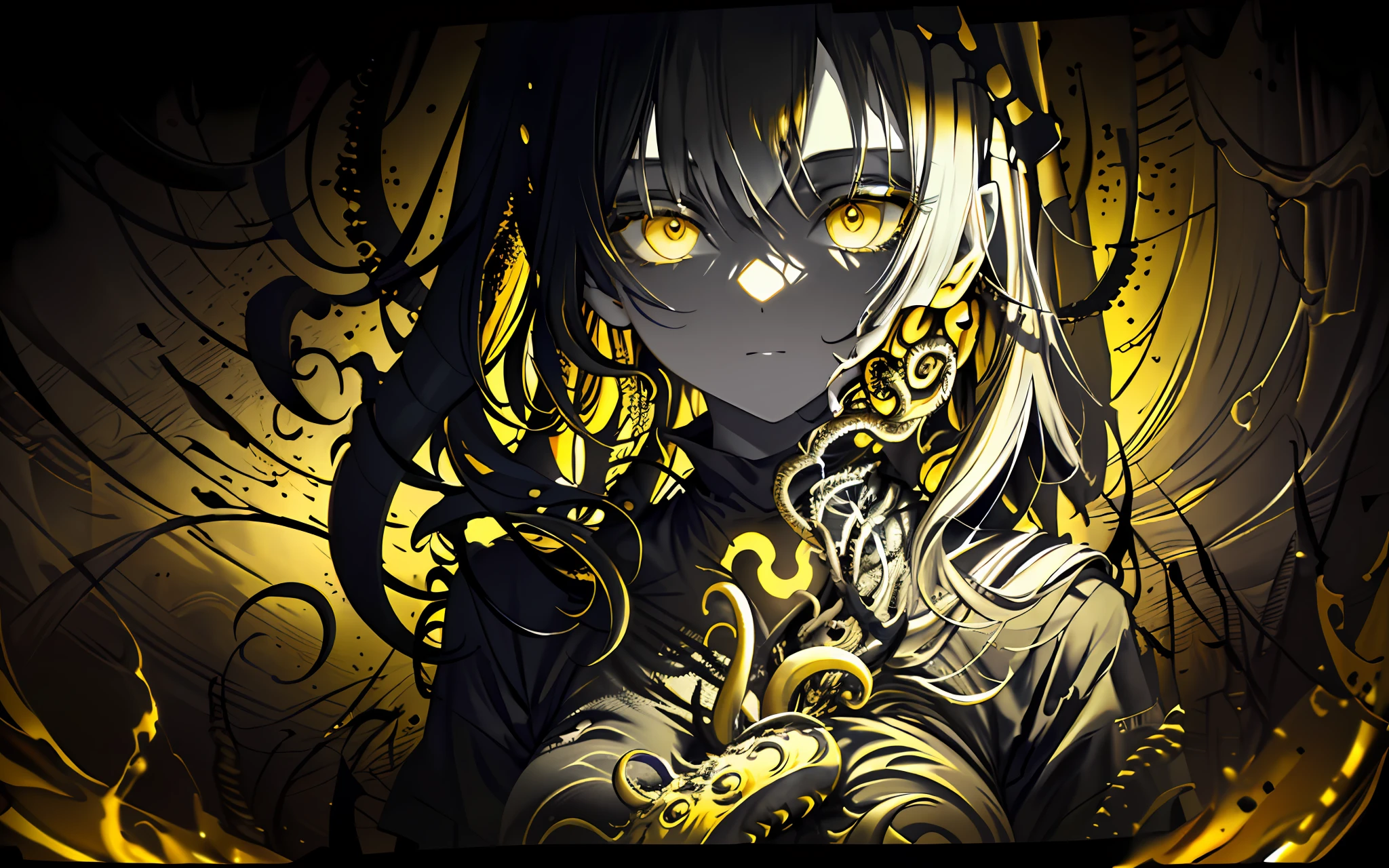 (best quality, masterpiece), (a woman horror creature with tentacles), (Monochrome, less light, black yellow background, yellow destroyed city behind)