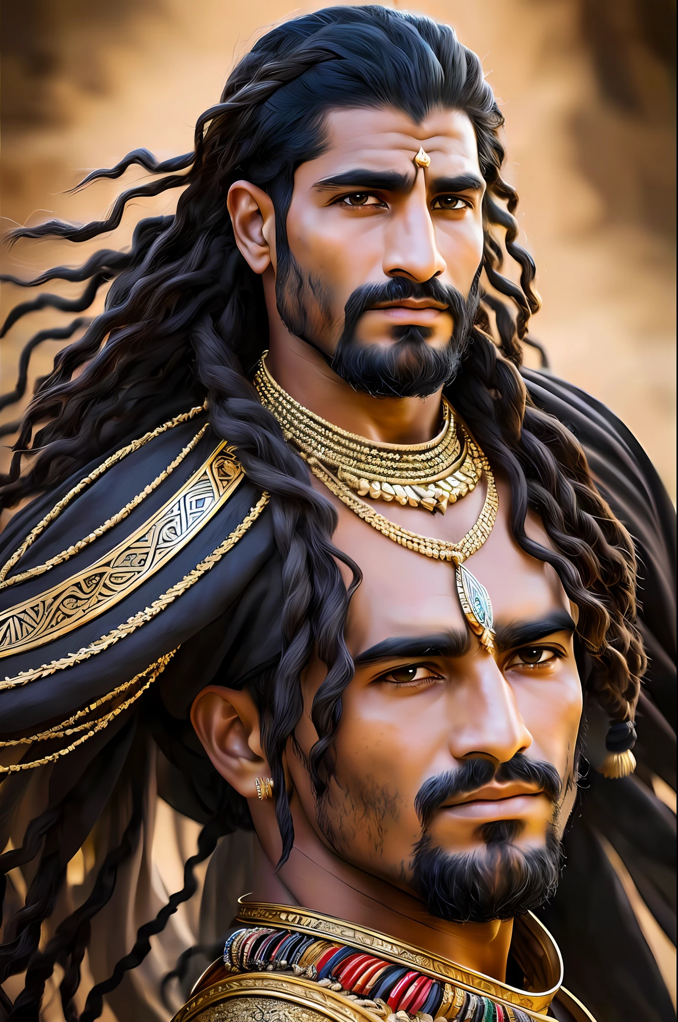 Masterpiece Photography Ultra Realistic, 4K and 12K resolution. 
Antar:
Masterpiece Photography Ultra Realistic Description: Antar, the legendary Arab warrior-poet, captivates in a mesmerizing 4K hyper-realistic composition. His strong, rugged features and piercing dark eyes exude a combination of valor and passion. Rich, olive-toned skin glows with a touch of golden warmth, reflecting his noble heritage. Tangled locks of black hair, adorned with traditional Bedouin jewelry, cascade down his shoulders, emphasizing his wild and untamed spirit. Whether dressed in the flowing robes of a warrior or donning the regalia of a chieftain, every aspect of his appearance embodies the essence of Arabian courage and gallantry. The hyper-realistic portrayal captures the intricate textures of his garments and the intensity in his gaze, evoking a sense of awe and reverence for this legendary figure.