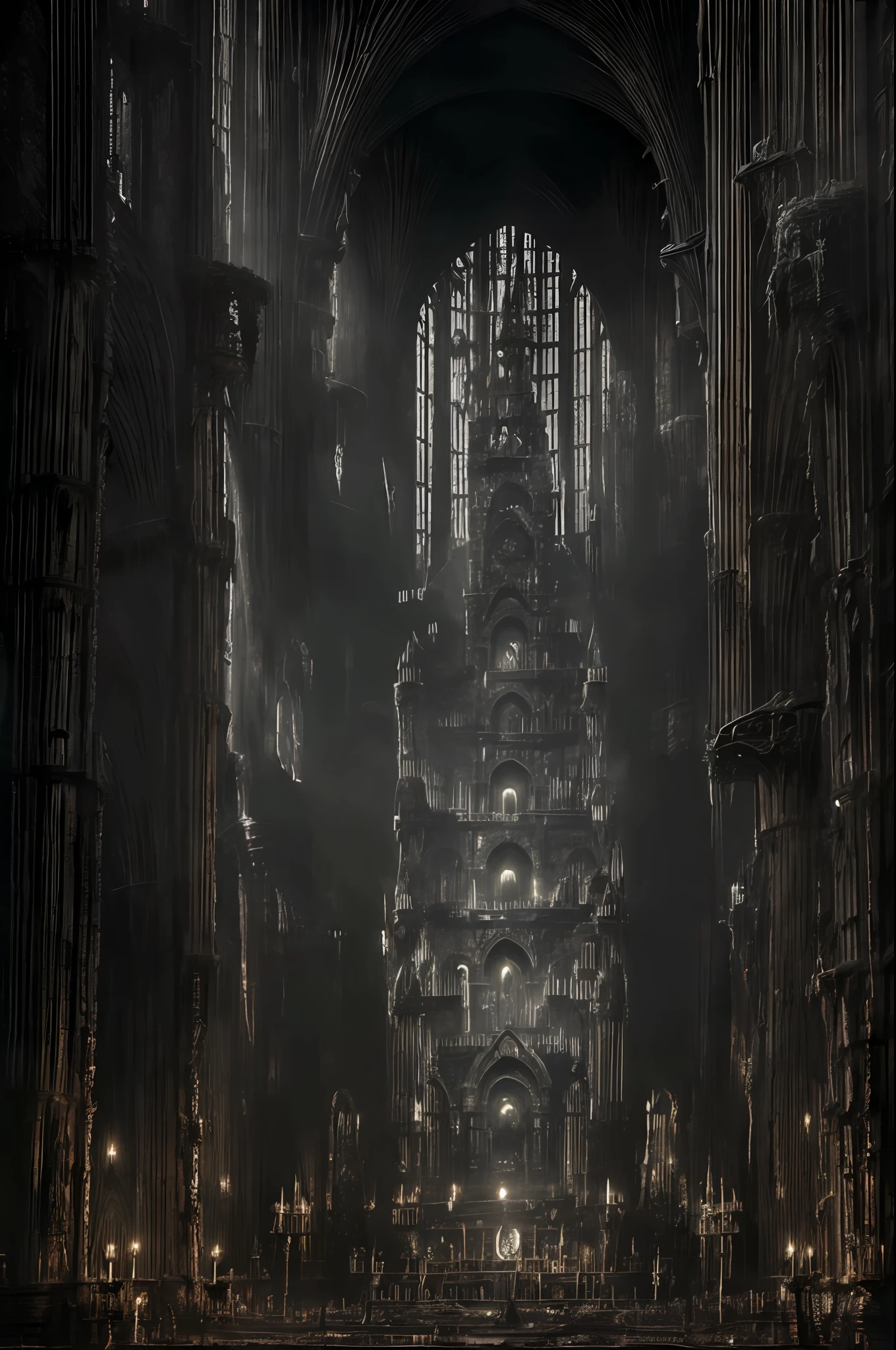 ((in the style of H.R. Giger)), monochrome, dark atmosphere, grotesque monsters, eldritch symbols, gothic architecture, blood-stained weapons, ominous full moon.