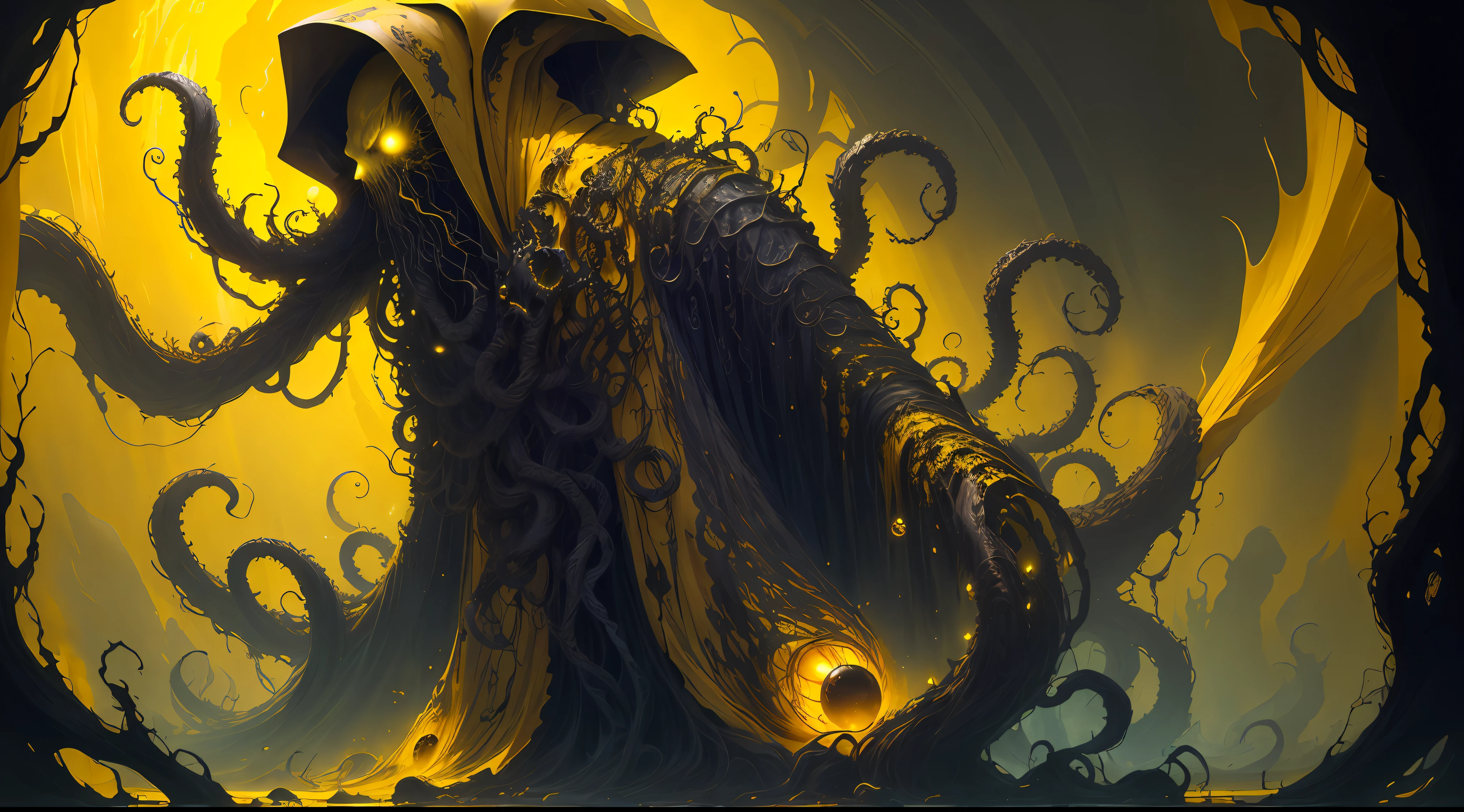 cosmic horror, a monstrous creature with tentacles, yellow and black, horror, dark mood, dark ambient, in a yellow tentacles dark world