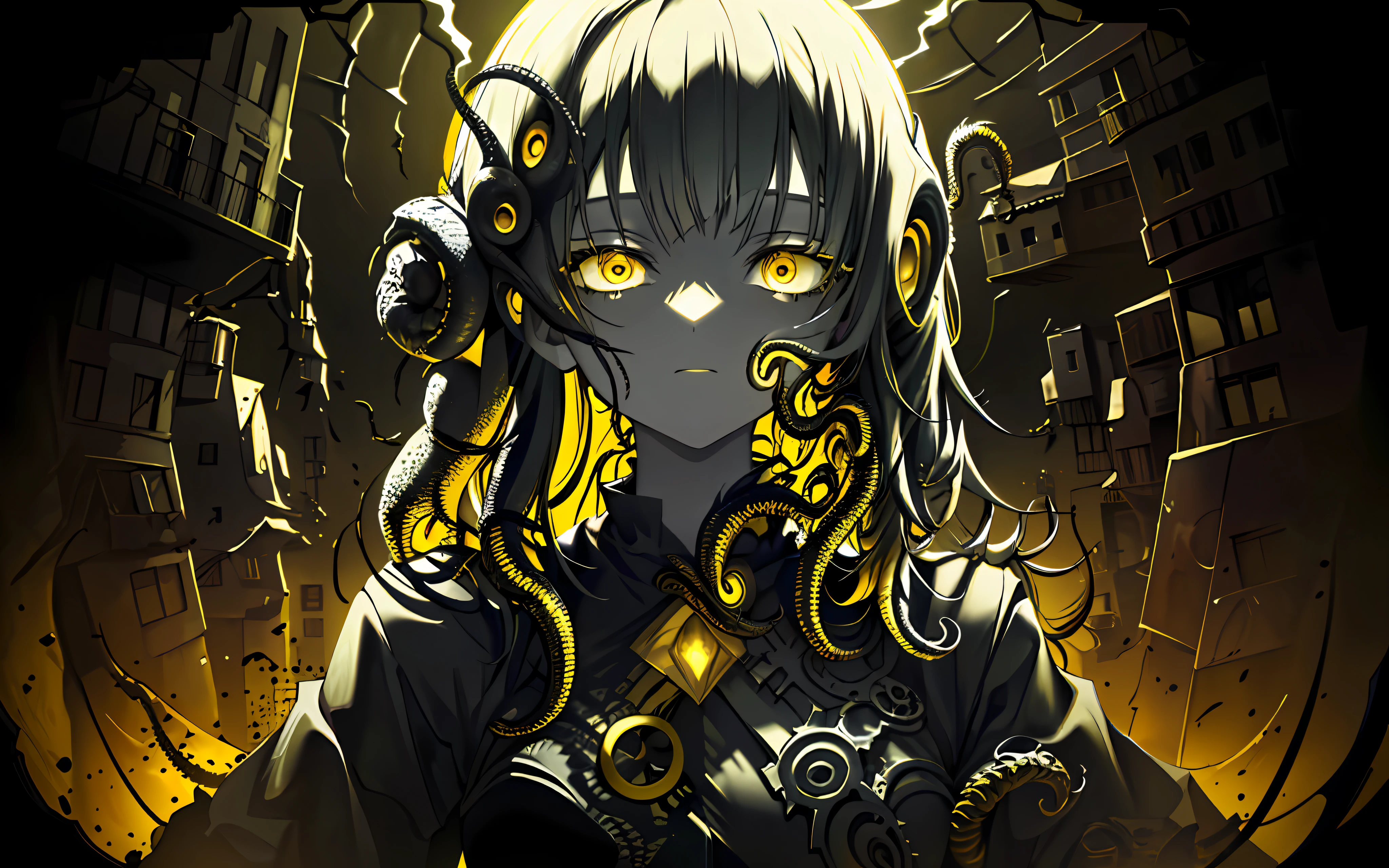 (best quality, masterpiece), (a woman horror creature with tentacles), (Monochrome, less light, black yellow background, yellow destroyed city behind)
