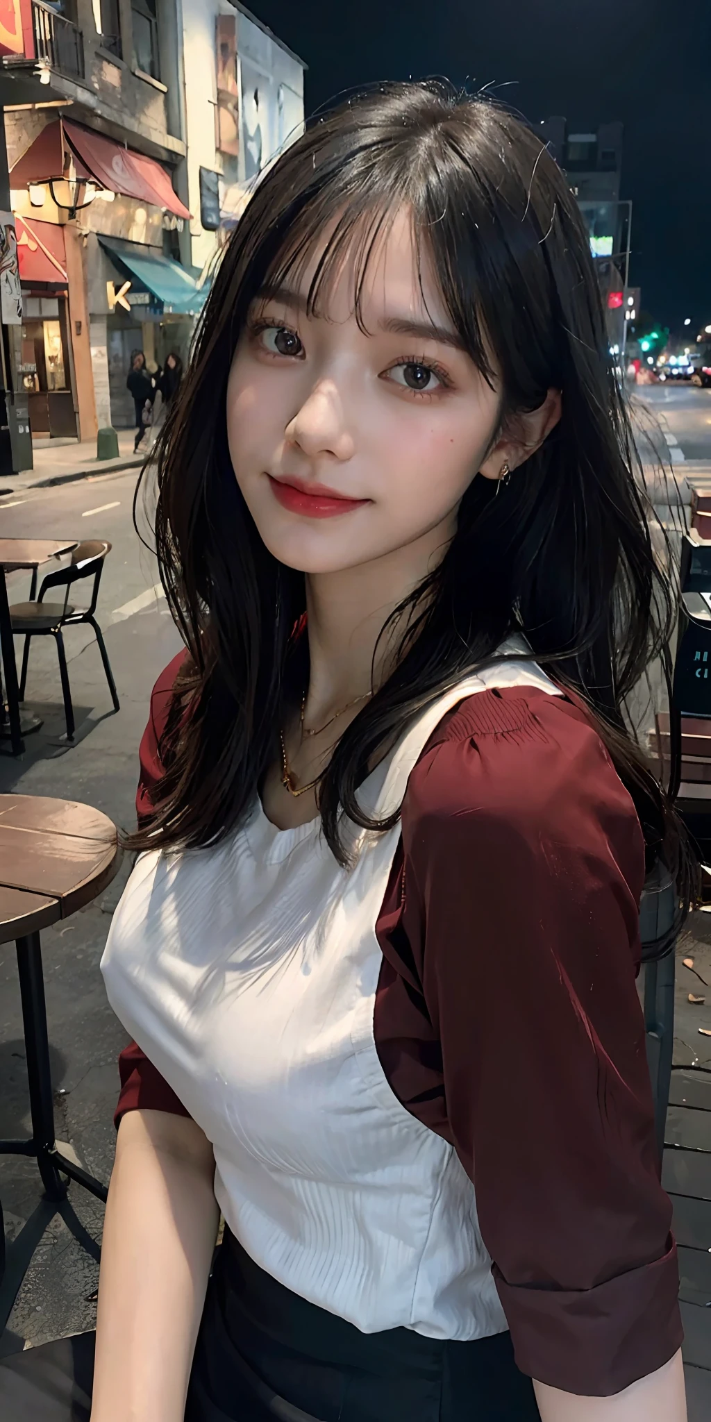 ((Best Quality, 8k, Masterpiece:1.3)), 40k, Perfect Body Beauty:1.4, cinematic lighting, black long hair, straight Bangs, (red shirt:1.1) , (in front of cafe:1.2), Highly detailed face and skin texture, Detailed eyes, Double eyelids, whitening skin, perfect face, (huge breast, looking into the distance), (nighttime), smile, earrings, necklaces, mature women, coffee on table, (a women sitting in front of cafe), --s2