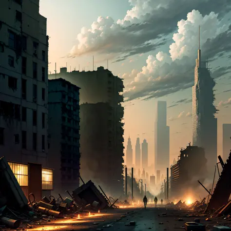 Post-apocalypse, ruined cities, soft lights