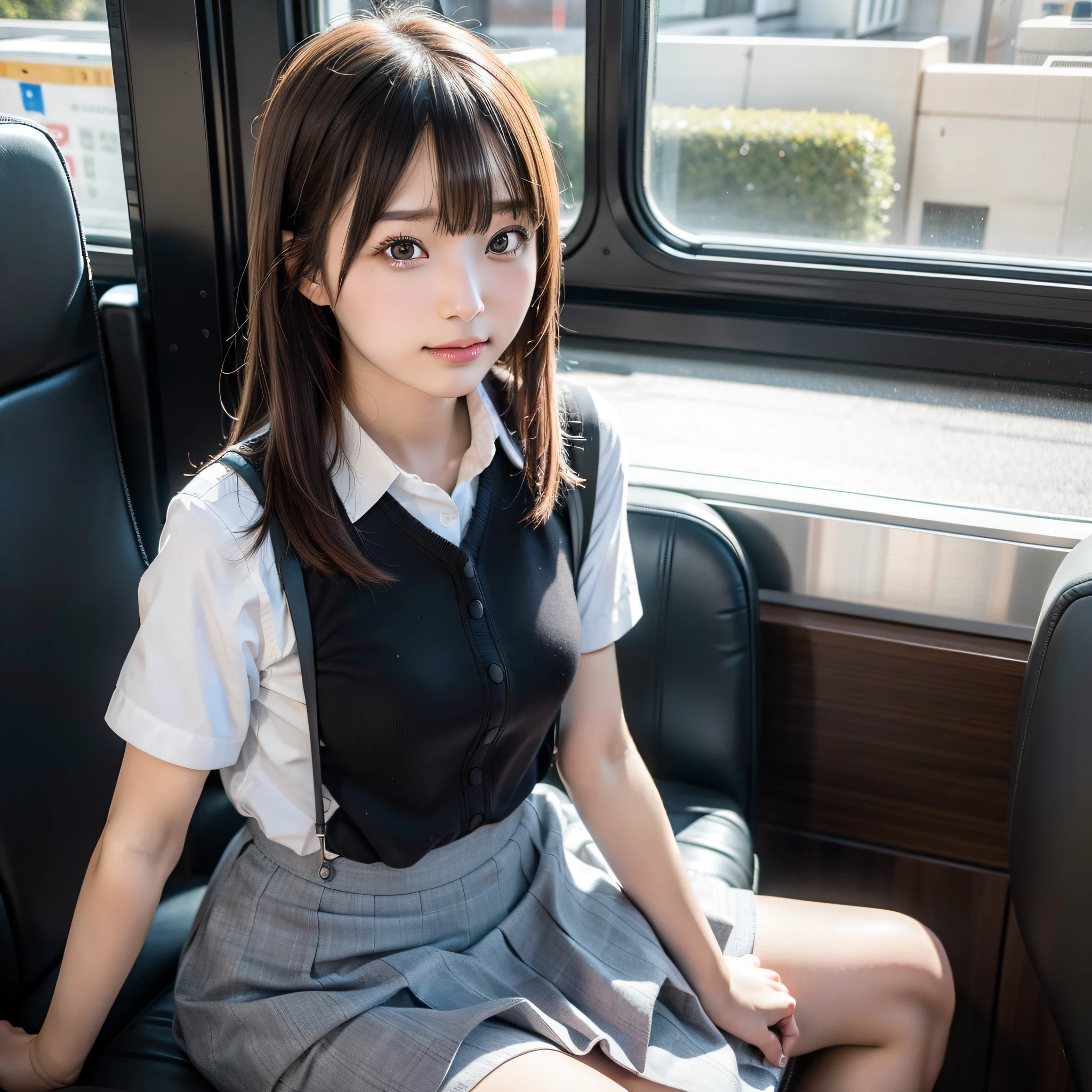 araffe sitting on a seat in a bus with a skirt, taken with canon eos 5 d mark iv, taken with canon 5d mk4, taken with sony a7r camera, photo taken with sony a7r, sat down in train aile, japanese model, cute schoolgirl, pretty face with arms and legs, hyperrealistic 