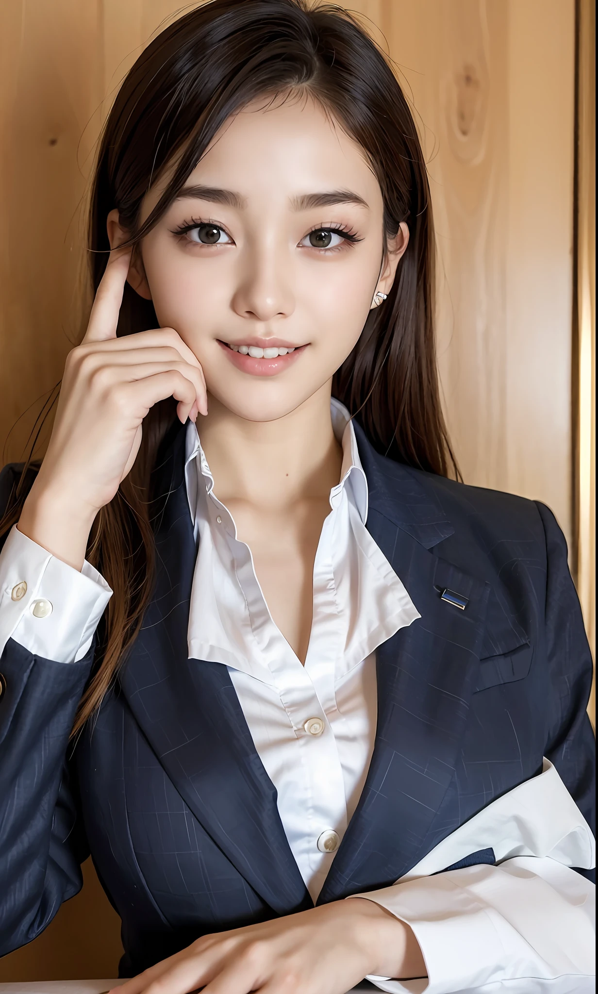 ulzzang-6500-v1.1, (Raw photo:1.2), (Photorealistic:1.4), Beautiful detailed girl, Very detailed eyes and face, Beautiful detailed eyes, Ridiculous, Incredibly ridiculous, Huge file size, Ultra detailed, High Definition, Very detailed, Best Quality, Masterpiece, Chemomimi, (JK uniform, dark blue blazer type, wearing white shirt underneath)), illustration, very detailed, cg, unified, 8k wallpaper, amazing, fine detail, masterpiece, top quality, highly detailed cg uniform 8k wallpaper, light on face, movie lighting, 1 girl, 16 years old, cute smile, Japan high school classroom,