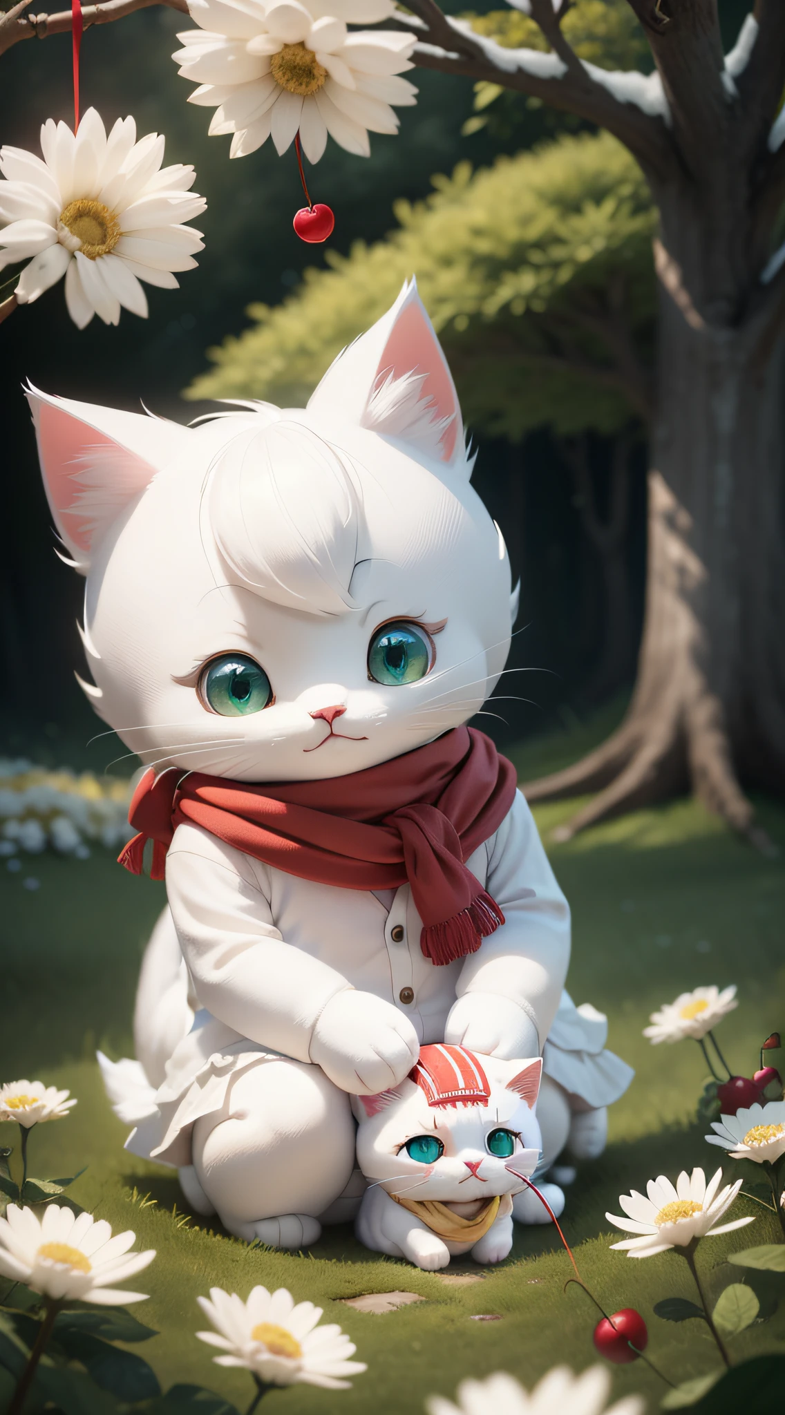 Cartoon white kitten with light red scarf, scarf hanging cherry, cute white plush hat, cute, charming, cute detailed digital art, cute characters, cute 3D rendering, cute forest creature, cute cartoon, lying on grass, big tree, white chrysanthemum, green meadow, soft grass, 4K, high quality, very detailed details