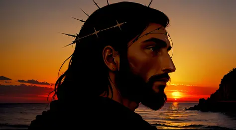 JESUS CHRIST in profile, with crown of thorns, in front of a landscape of sunset