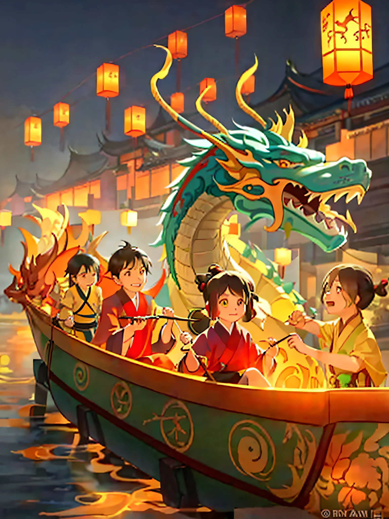 Dragon Boat Festival, a Chinese festival, a lot of super happy cute ancient Chinese little boys and girls sitting on a dragon boat, holding oars, two dragon boats rowing forward, lanterns floating on the boat, dragon boat, author: Qu Leilei, Yang J, Yellow Dragon Head Festival, Rossdraws Global Lighting, by Ryan Yee, by Bayard Wu, Chinese fantasy, popular on cgstation, avatar image, Chinese dragon concept art, by Arthur Pan, by Ni Yuanlu, by Li Song