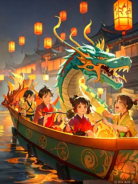 Dragon Boat Festival, a Chinese festival, a lot of super happy cute ancient Chinese little boys and girls sitting on a dragon boat, holding oars, two dragon boats rowing forward, lanterns floating on the boat, dragon boat, author: Qu Leilei, Yang J, Yellow...