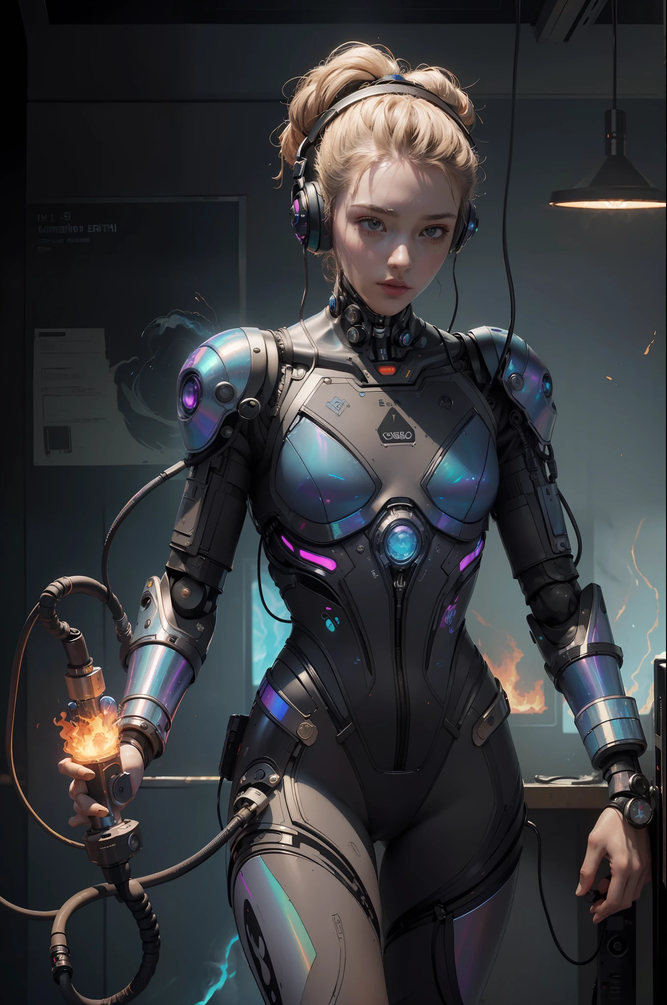 (Masterpiece, Best Quality, High Resolution, Absurd, Detail: 1.2), Humanoid, Robot, Male, Wearing Headphones, Looking Away, (Cyberpunk, Art Canvas, Brush, Easel, Iridescent Colors, Holographic: 1.6), (Cable, Wire, Flame, Fire, Smoke, Overheating, Explosion, Indoor, Room, Simple Background)