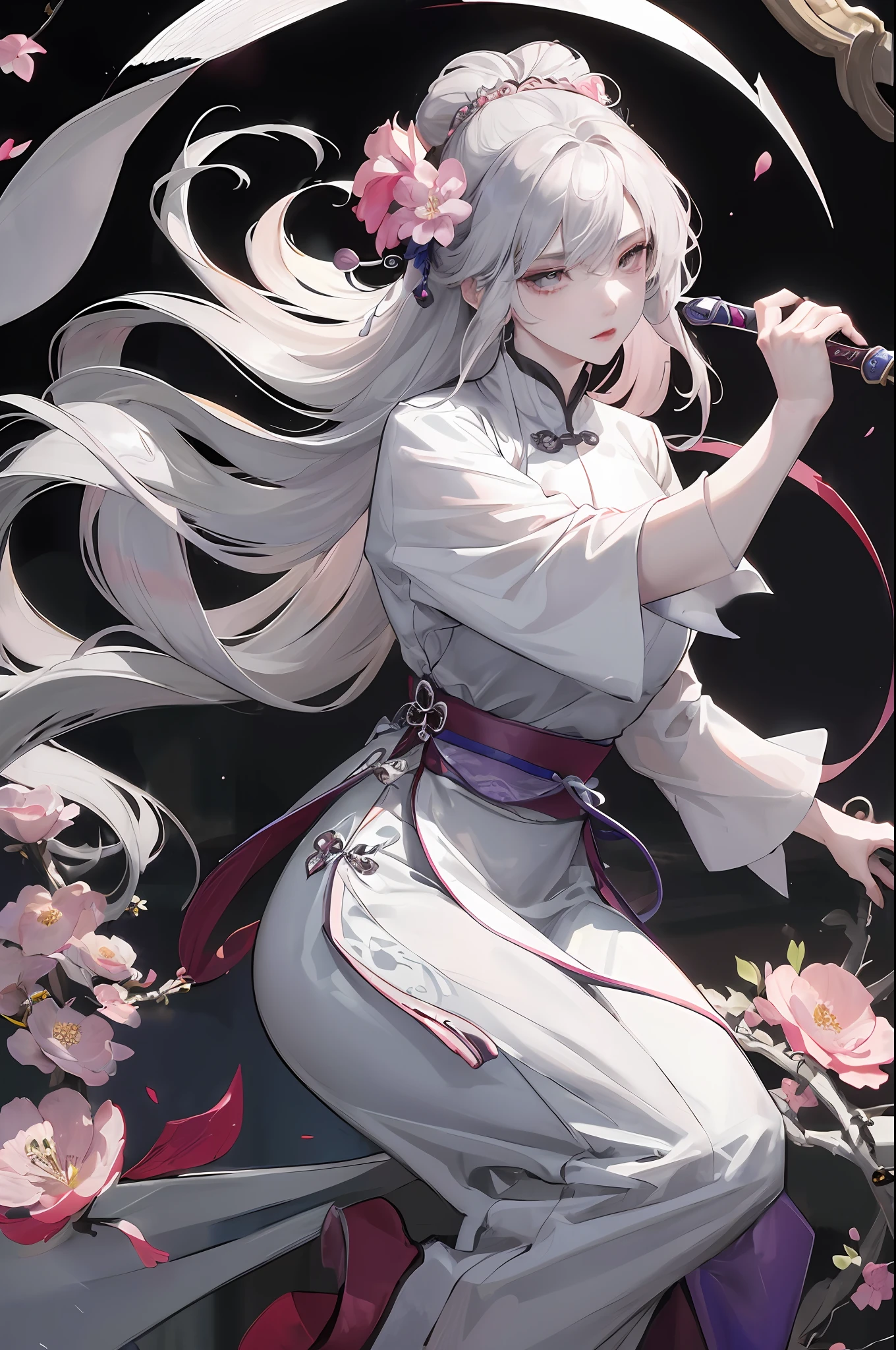 Anime girl with long white hair and a sword in her hand - SeaArt AI