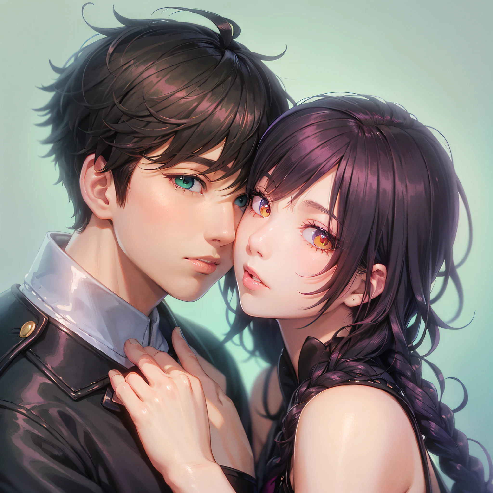 England Guy with Light skin, medium black hair, heterochromia, his left eye is orange and his right eye is green, he uses emo clothes, and is kissing a asian woman with Medium black hair with a front purple bang, white skin, pink eyes, goth clothes --auto --s2