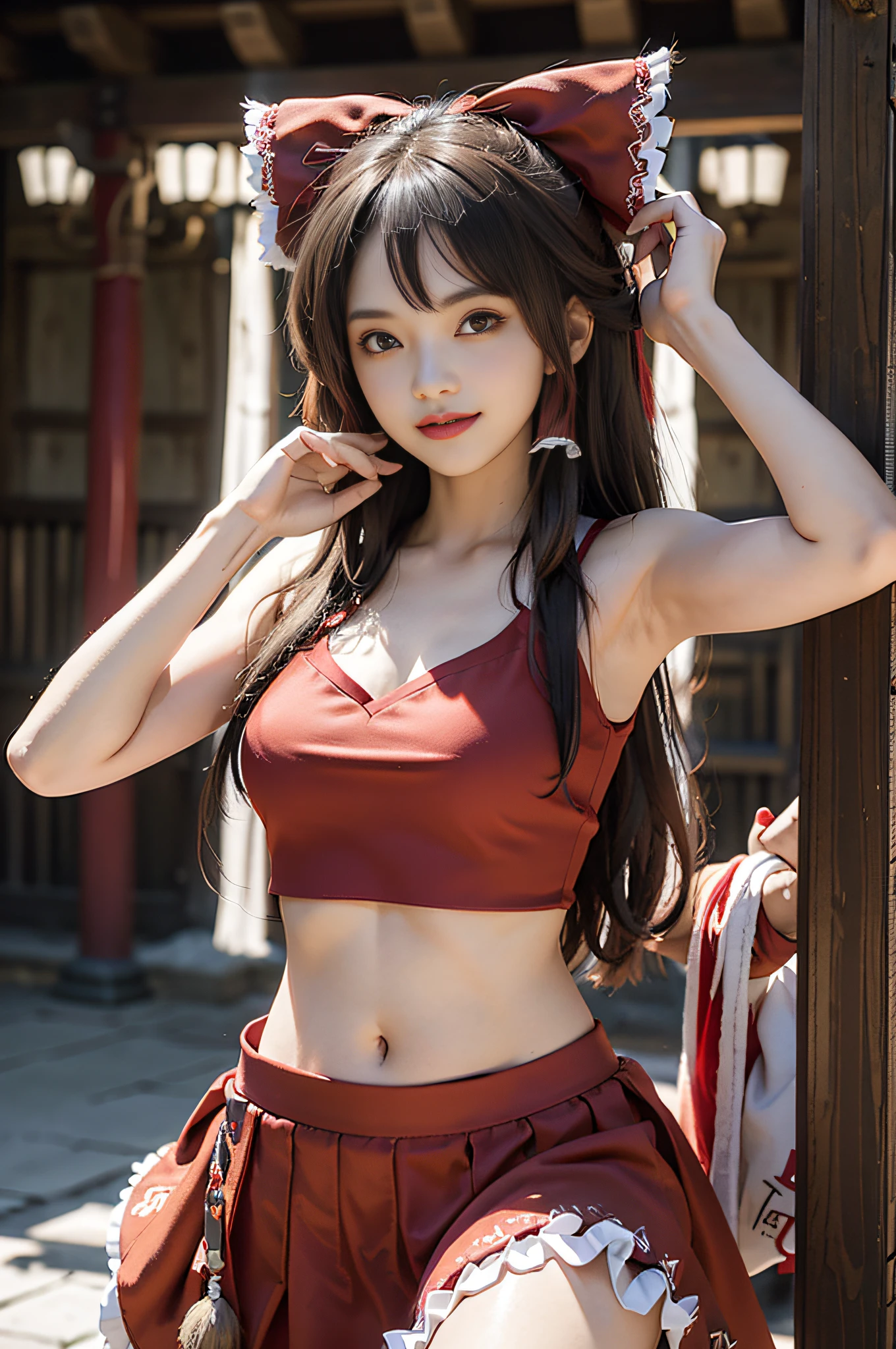 ((Borei Reimu)), ((Touhou Project)), Cosplay, ((Brown hair)), ((Long hair)), (Bangs)), ((Red Ribbon)))), ((Red Skirt))), (Middle Breast), (Open Clothes)))), (Sleeveless))), ((Navel)), (Pause)))), (Devil's Smile)))), (Shrine))), 18-year-old female model, Slim girl model, ((Broom)))