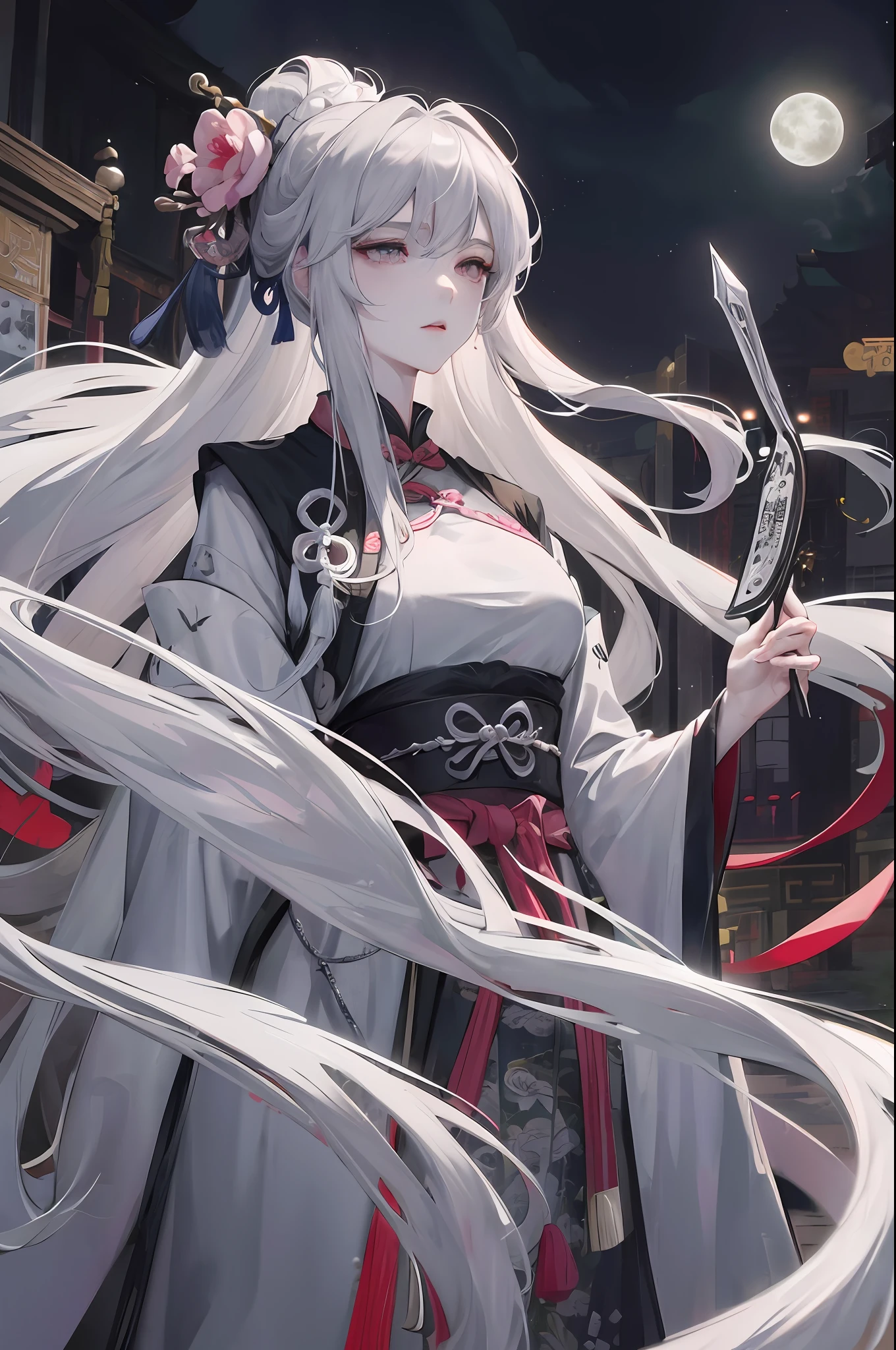 Masterpiece, Best, Night, Full Moon, 1 Female, Mature Woman, Chinese Style, Ancient China, Elder Sister, Royal Sister, Cold Face, Expressionless, Silver White Long Haired Woman, Pale Pink Lips, Calm, Intellectual, Three Belts, Gray Hitomi, assassin, dagger, flower ball background, street view