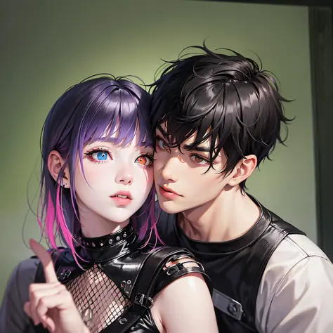 England Guy with Light skin, medium black hair, heterochromia, his left eye is orange and his right eye is green, he uses emo clothes, and is kissing a asian woman with Medium black hair with a front purple bang, white skin, pink eyes, goth clothes --auto ...