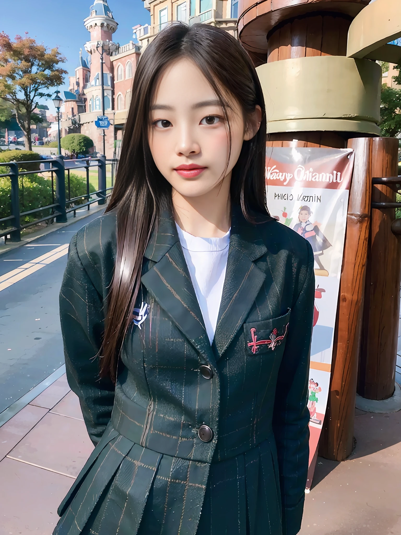 High resolution, RAW photos, photorealistic, (highest quality, 8k, 32k, masterpiece, UHD: 1.2), pretty Japan model photos. 1 girl, (skinny, small), Japan JK uniform, Disneyland, castle, crowded