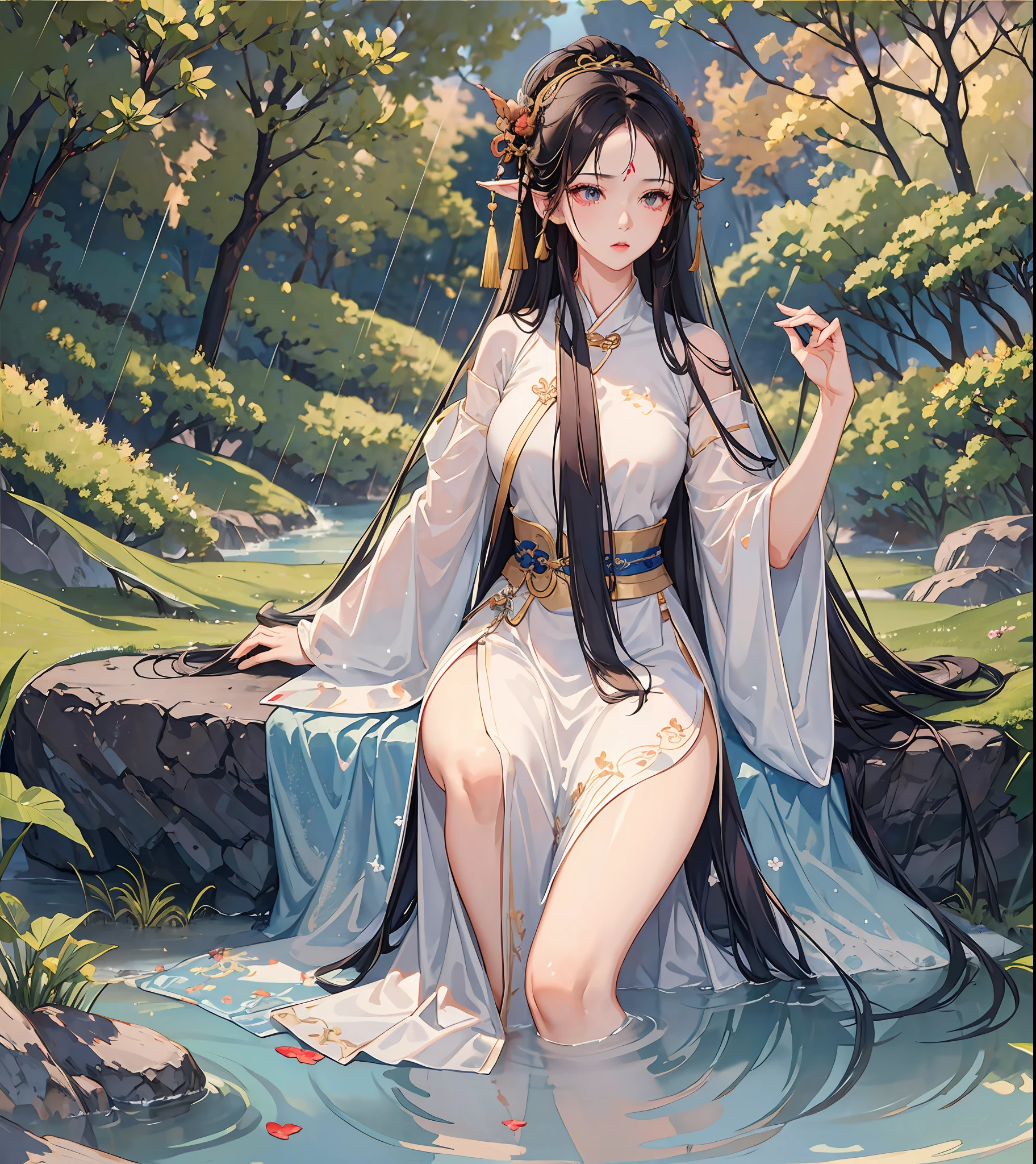 1girl, water spirit skin, super long messy black hair, elf through eyes, look at me affectionately, red face, rain, wet, Hanfu, white transparent refreshing Hanfu long skirt, long legs, touch, plump breasts, breast period, mature and steady, drunken expression, uncomfortable feeling all over the body, extreme facial features, fleshy feeling, enchanting posture, body beauty, seduction, sexy, fine lines, 3D, 8k private portrayal, real light and shadow, real physics, perfect world, Unreal Engine, masterpiece --auto --s2