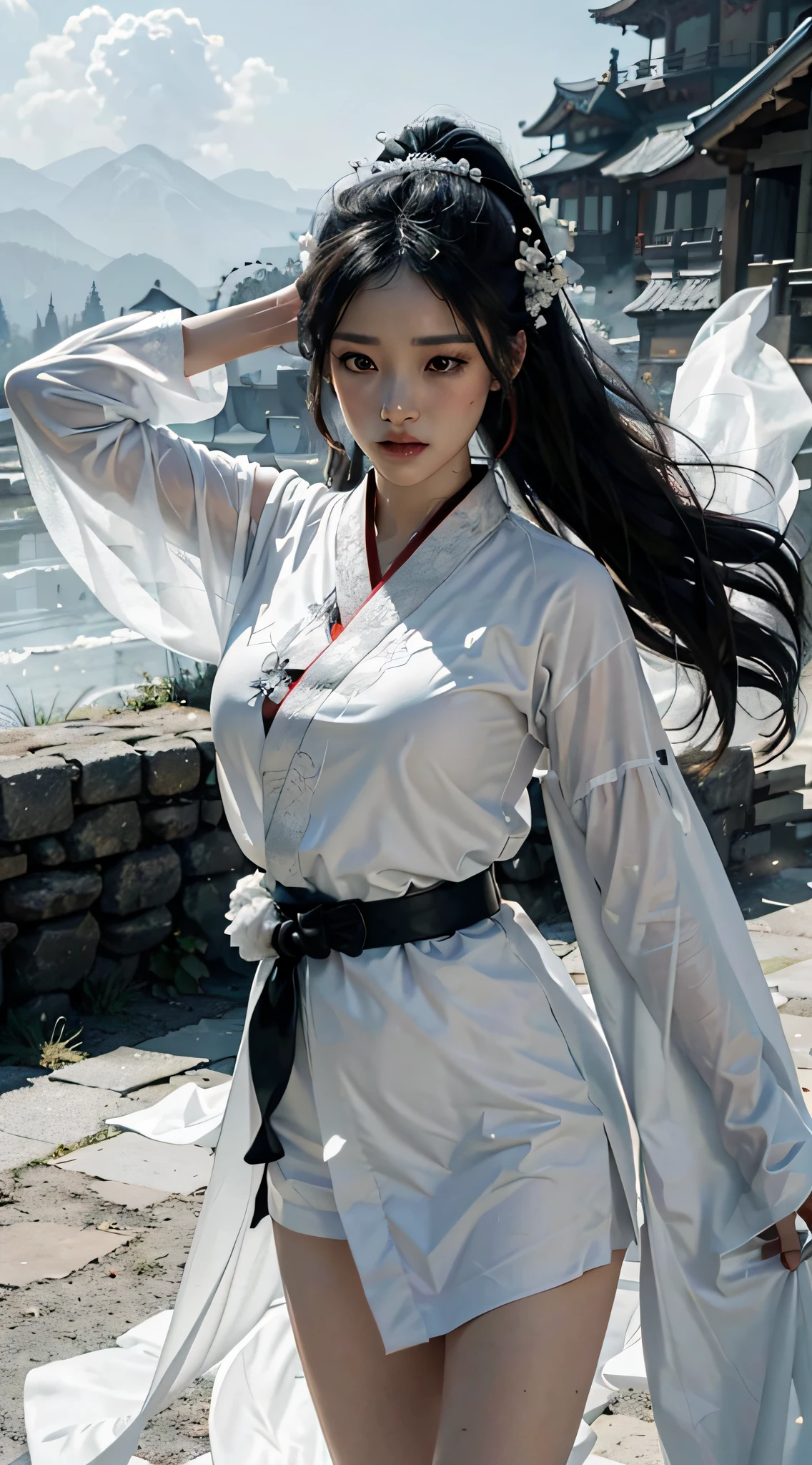 8k wallpaper, volumetric lighting, dynamic lighting, a girl, (white veil fluttering in the wind), (white hanfu robe, black embroidery), black ponytail long hair, long hair flowing, black hair, fringed hair ornaments, peony, ancient style, red belt, dynamic pose, dramatic composition, petals falling, red belt, ancient architectural background, complex background, cloud and mist entanglement, fairy tale background, cloudy and mist, movie lighting,