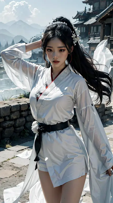 8k wallpaper, volumetric lighting, dynamic lighting, a girl, (white veil fluttering in the wind), (white hanfu robe, black embro...