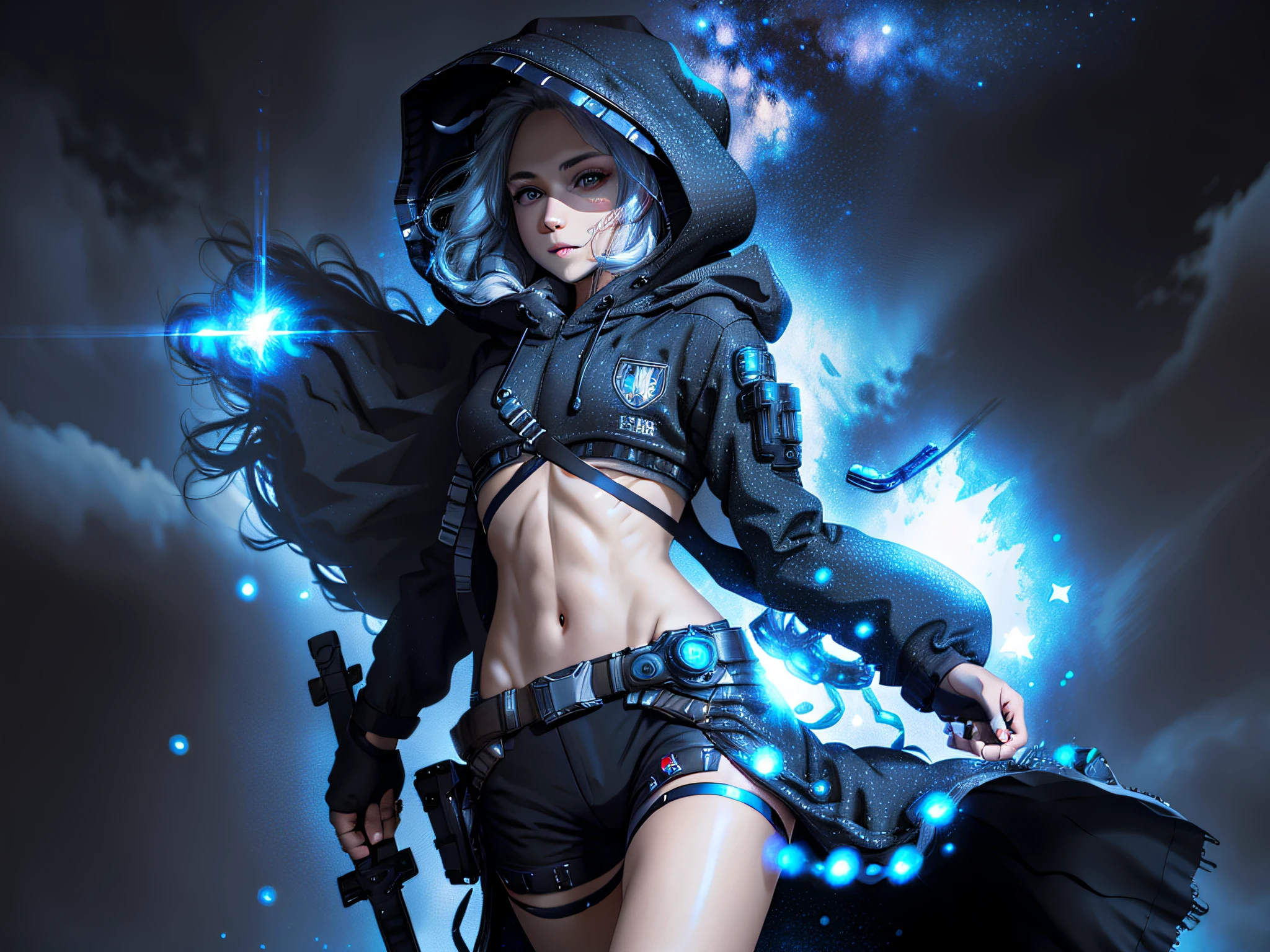 Masterpiece, best quality, 4k, wick, starry sky, stars\(sky\), cover, hair ribbon, thick legs, strong change, (body:1.3), hood, long hair, gray hair, cyberpunk, depth of field