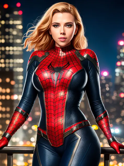 a close up portrait photo of beautiful Scarlett Johansson in spider-man costume, cheeky smile, (jewelry:1.0), high detailed skin, curvy, night cyberpunk city on the background, night time 8k uhd, dslr, high quality, Fujifilm XT3