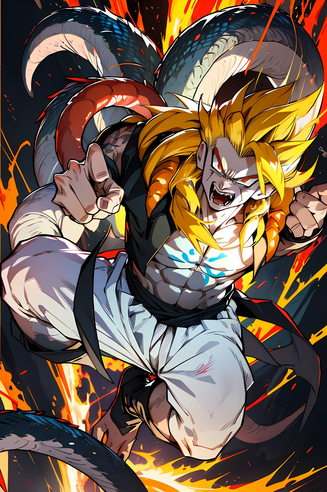 Ultra Supersayajin, long hair yellow color degraê diamond, and red eyes with black outlines painted around the eyes, white clothing with dragon tatoon print, open mouth screaming, fighting, much fury against enemy, scenery in heaven and earth destroying everything