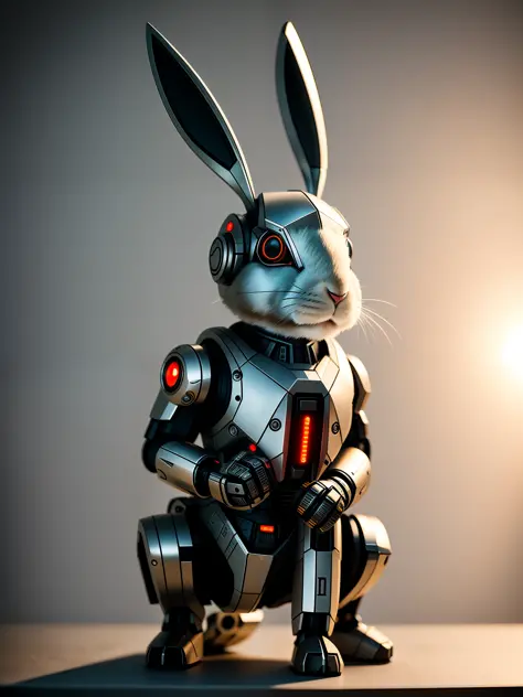 A cute rabbit made of metal, (cyborg: 1.1), ([tail | detailed wire]: 1.3), (complex detail), hdr, (complex detailed: 1.2), cinematic shot, vignette, centered