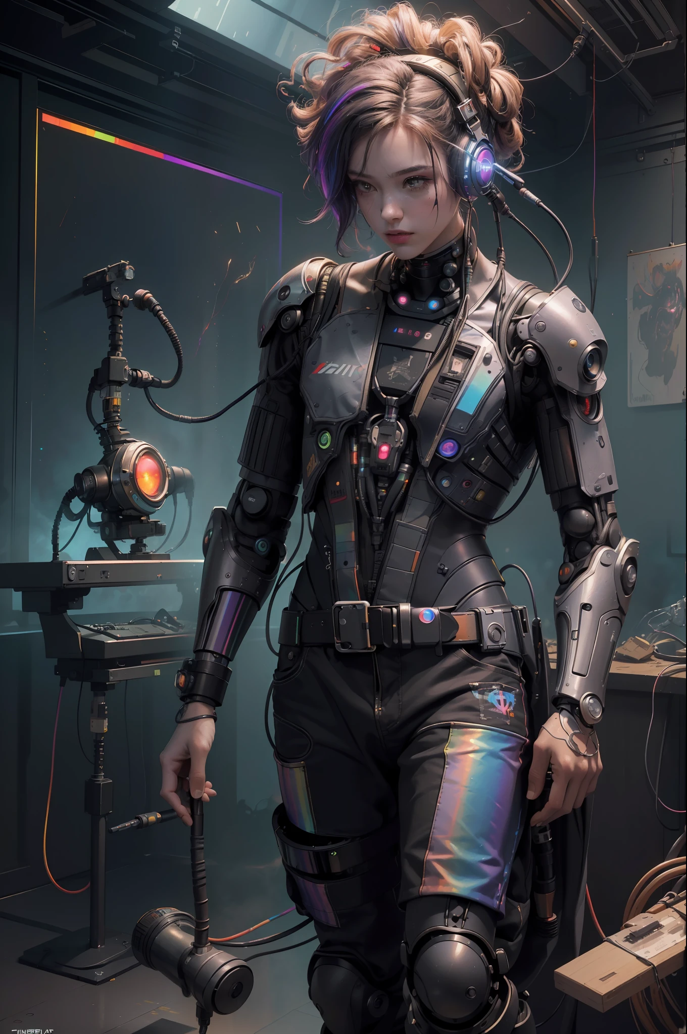 (Masterpiece, Best Quality, High Resolution, Absurd, Detailed: 1.2), Humanoid, Robot, Wearing Headphones, Looking Away, (Cyberpunk, Art Canvas, Brush, Easel, Rainbow Colors, Holographic: 1.6), Male, (Cable, Wire, Flame, Fire, Smoke, Overheating, Explosion, Indoor, Room, Simple Background)