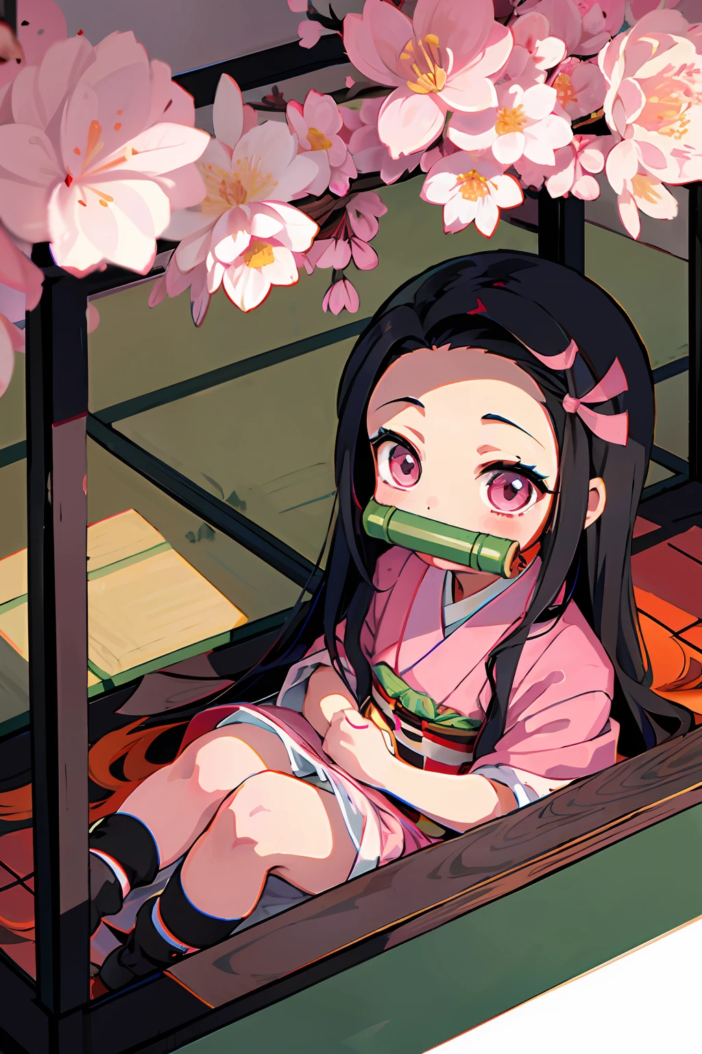 kamado nezuko, bit gag, gagged, demon slayer, nezuko, nurse, hospital, shy face, saruto, black hair, pink ribbon, nurse cap, loli, 5 year old girl, chibi character, 2 color hair, two-tone hair, orange hair, gradient hair color, Japan garden view, tatami mats, bonsai, cherry blossoms,