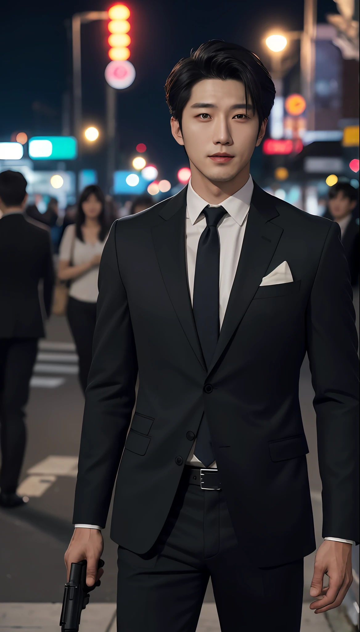 movie stills, RAW photos, absurd, high quality, realistic, detailed, realistic, outdoor, street lights, night, harsh lighting, magical photos, dramatic lighting, photorealism, ultra-detail, 35mm, f/2.8, 8K UHD, DSLR, Film Grain, Handsome Korean actor in suit, holding a gun looking straight ahead with sexy expression