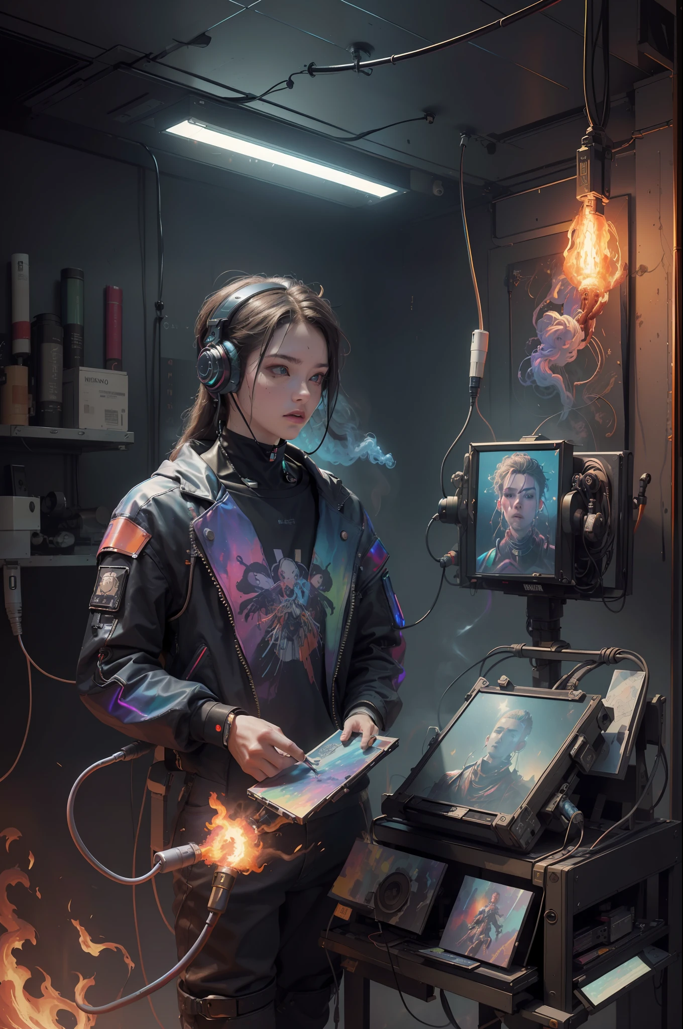(Masterpiece, Best Quality, High Resolution, Absurd, Detailed: 1.2), Humanoid, Robot, Wearing Headphones, Looking Away, (Cyberpunk, Art Canvas, Brush, Easel, Rainbow Colors, Holographic: 1.6), Male, (Cable, Wire, Flame, Fire, Smoke, Overheating, Explosion, Indoor, Room, Simple Background)