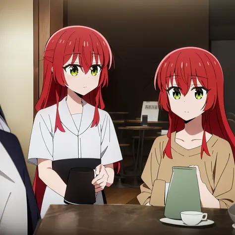 Aniscreen, Kitaikuyo, red hair, long hair, drinking coffee with her friends