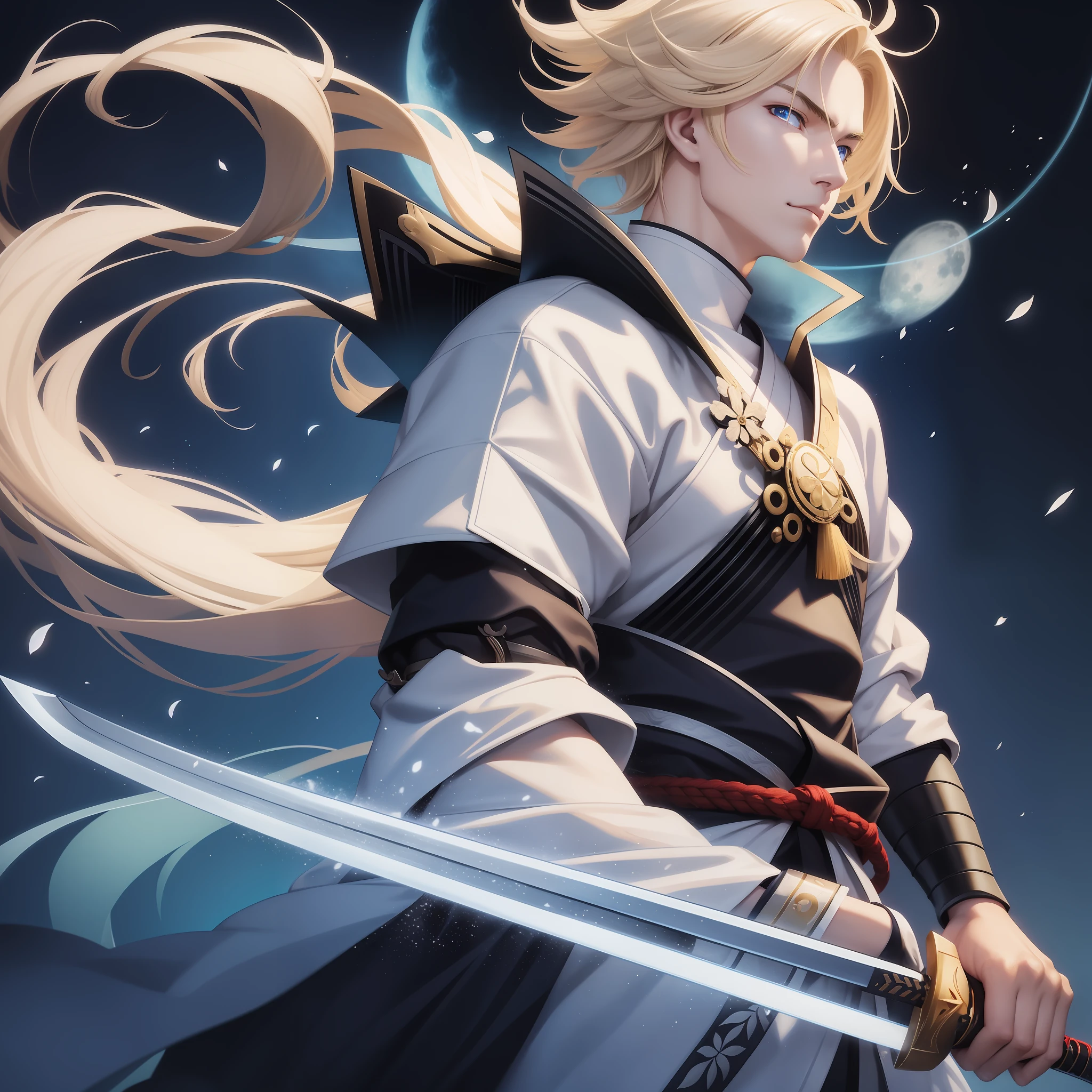 male samurai,white,with blonde hair,with a sword of rays,with blue eyes,at night,full moon,hd,best picture,wallpaper,anime photography,drawing,hd
