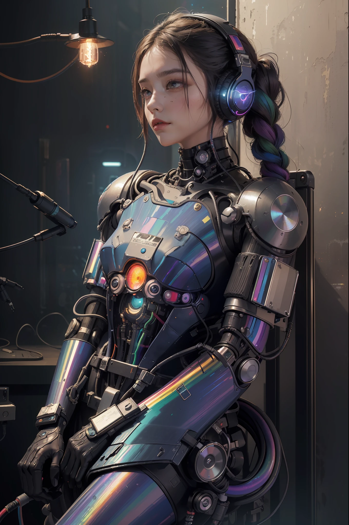 (Masterpiece, Best Quality, High Resolution, Absurd, Detailed: 1.2), Humanoid, Robot, Wearing Headphones, Looking Away, (Cyberpunk, Art Canvas, Brush, Easel, Rainbow Colors, Holographic: 1.6), Male, (Cable, Wire, Flame, Fire, Smoke, Overheating, Explosion, Indoor, Room, Simple Background)