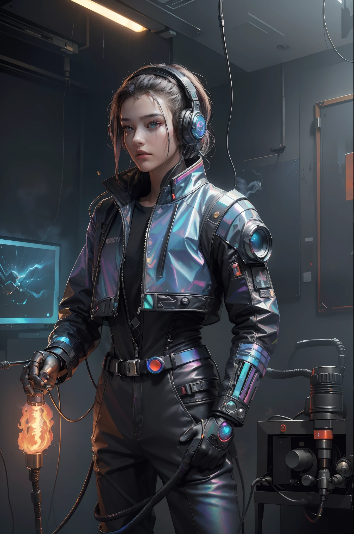 (Masterpiece, Best Quality, High Resolution, Absurd, Detail: 1.2), Humanoid, Robot, Wearing Headphones, Looking Away, (Cyberpunk, Art Canvas, Brush, Easel, Iridescent Colors, Holographic: 1.6), Male, (Cable, Wire, Flame, Fire, Smoke, Overheating, Explosion, Indoor, Room, Simple Background)