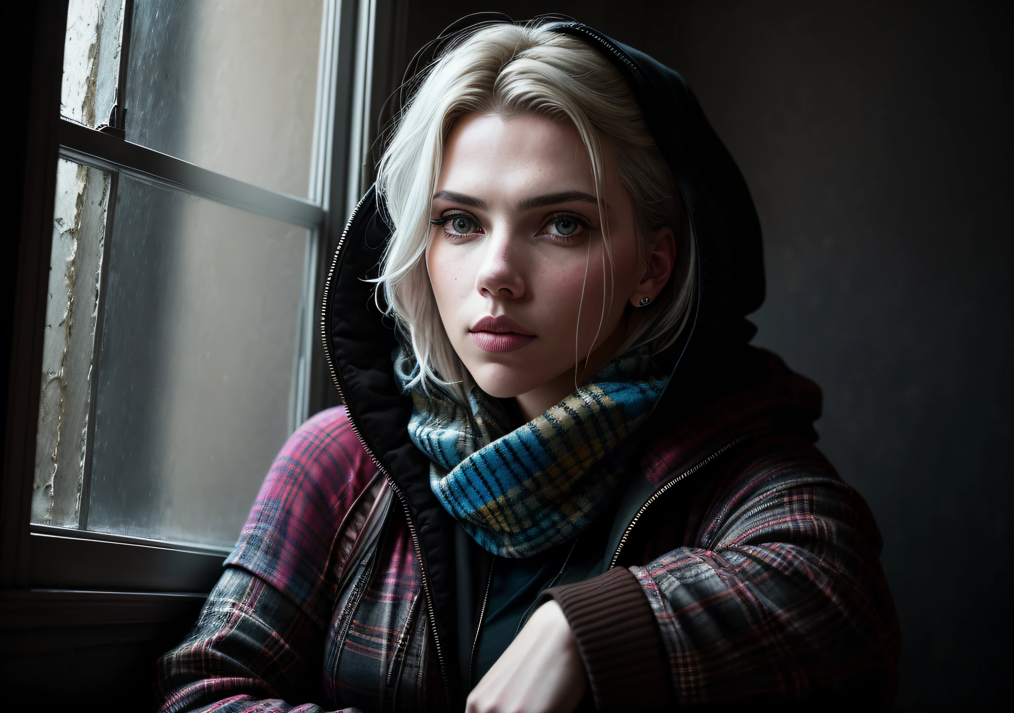 Actress Scarlett Johansson, dark photo: with the body covered, sitting in an old window, realistic epic, halo portrait, blue eyes, plaid scarf, white hair of Atey Ghailan, of Greg Rutkowski, of Greg Tocchini, of James Gilleard, of Joe Fenton, of Kaethe Butcher, yellow gradient, black, brown and magenta color scheme, grunge aesthetic!!! Graffiti brand wall background, art by Greg Rutkowski and Artgerm, soft cinematic light, Adobe Lightroom, Photo Lab, HDR, intricate, highly detailed, (depth of field: 1.4), faded, (neutral colors: 1.2), (HDR: 1.4), (soft colors:1.2), hyperdetailed, (Artstation:1.4), cinematic, warm lights, dramatic light, (intricate details:1.1), complex background, (Rutkowski:0.66), (blue and orange:0.4)