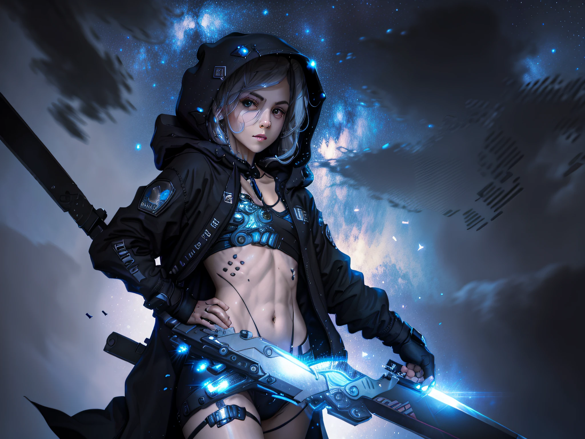 Masterpiece, best quality, 4k, wick, starry sky, stars\(sky\), cover, hair ribbon, thick legs, strong change, (body:1.3), hood, long hair, gray hair, cyberpunk, depth of field