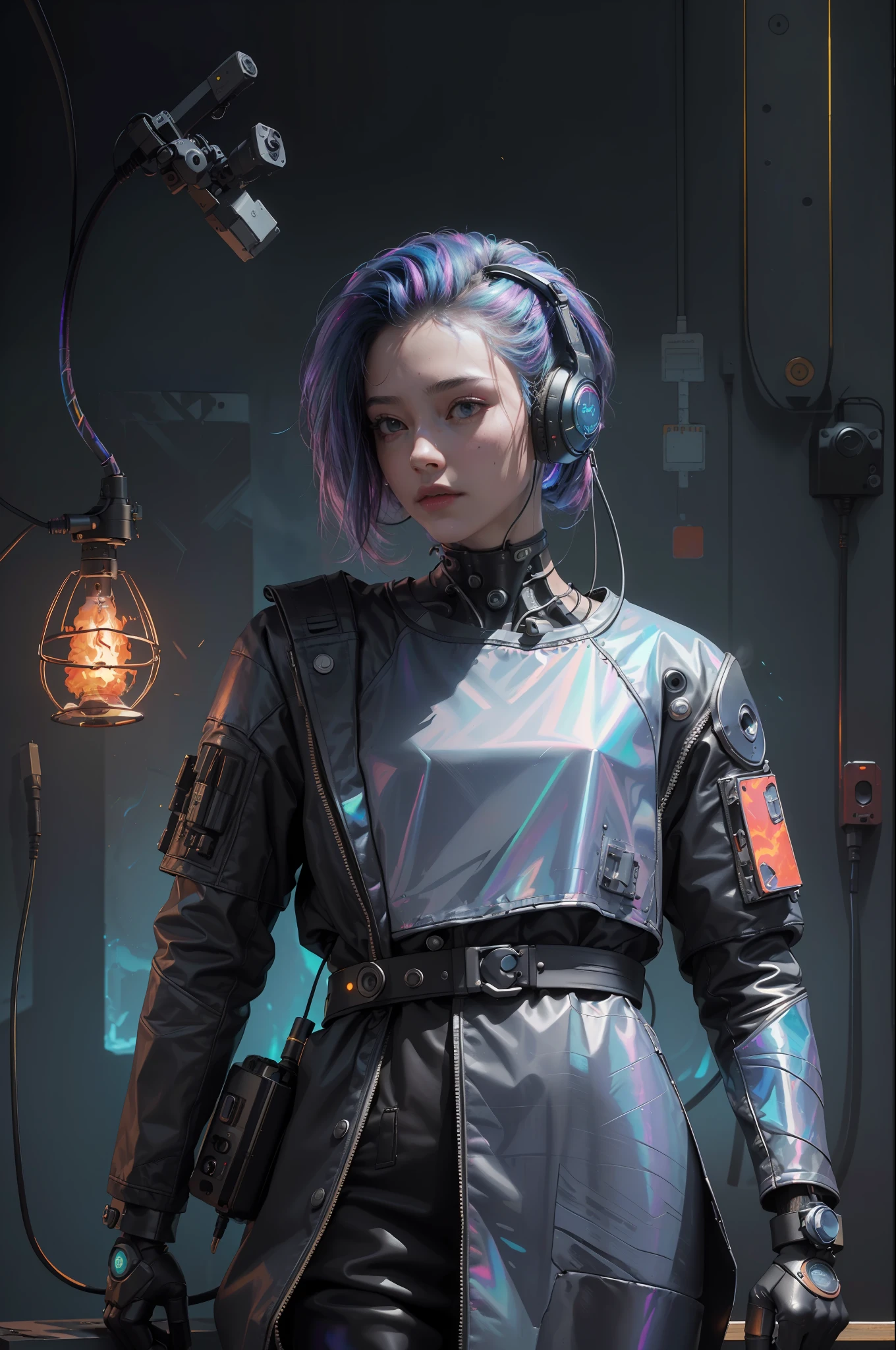 (Masterpiece, Best Quality, High Resolution, Absurd, Detail: 1.2), Humanoid, Robot, Wearing Headphones, Looking Away, (Cyberpunk, Art Canvas, Brush, Easel, Iridescent Colors, Holographic: 1.6), Male, (Cable, Wire, Flame, Fire, Smoke, Overheating, Explosion, Indoor, Room, Simple Background)