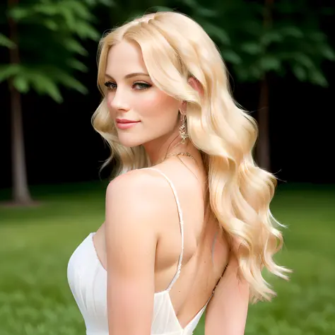 blond woman with long wavy hair in white dress posing in park, blonde woman, blonde flowing hair, beautiful blonde woman, digita...