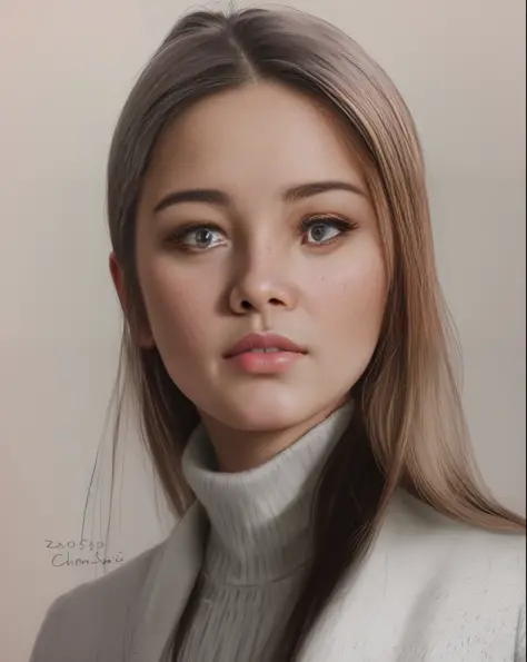 a drawing of a woman with a turtle neck sweater and a sweater, realistic sketch, realistic portrait, realism drawing, realistic ...