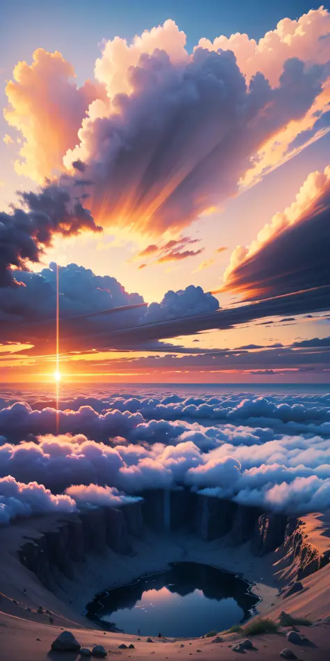 High resolution, realistic, superb view, entrance clouds, blue sky, sunset