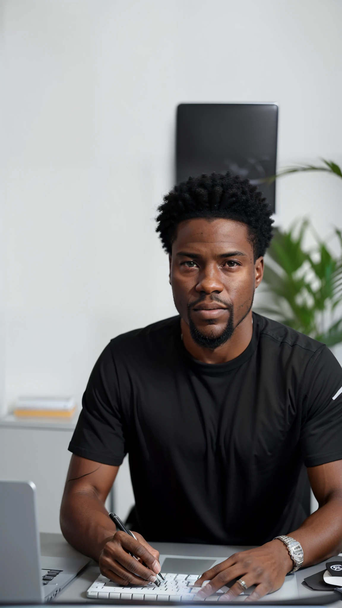 there is a man sitting at a desk with a keyboard and a laptop, black man with afro hair, he is wearing a black t-shirt, portrait shot 8 k, soft portrait shot 8 k, man is with black skin, photo of a man, detailed portrait shot, looking to his left, a photo of a man, a handsome man，black short hair