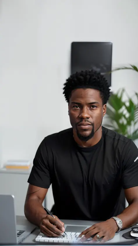 there is a man sitting at a desk with a keyboard and a laptop, black man with afro hair, he is wearing a black t-shirt, portrait...