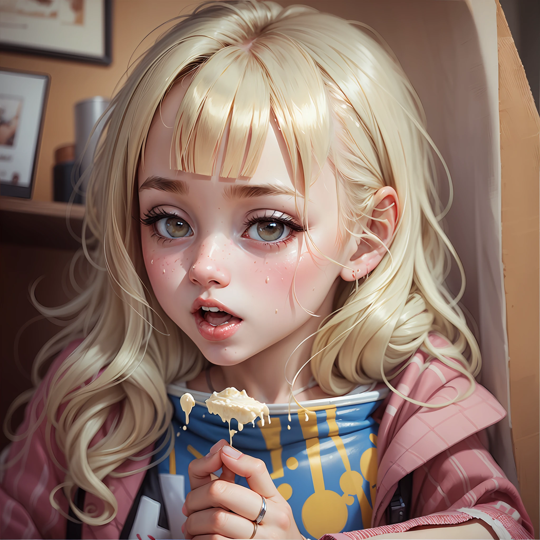 Blond haired girl with blue eyes eating a cup of coffee - SeaArt AI