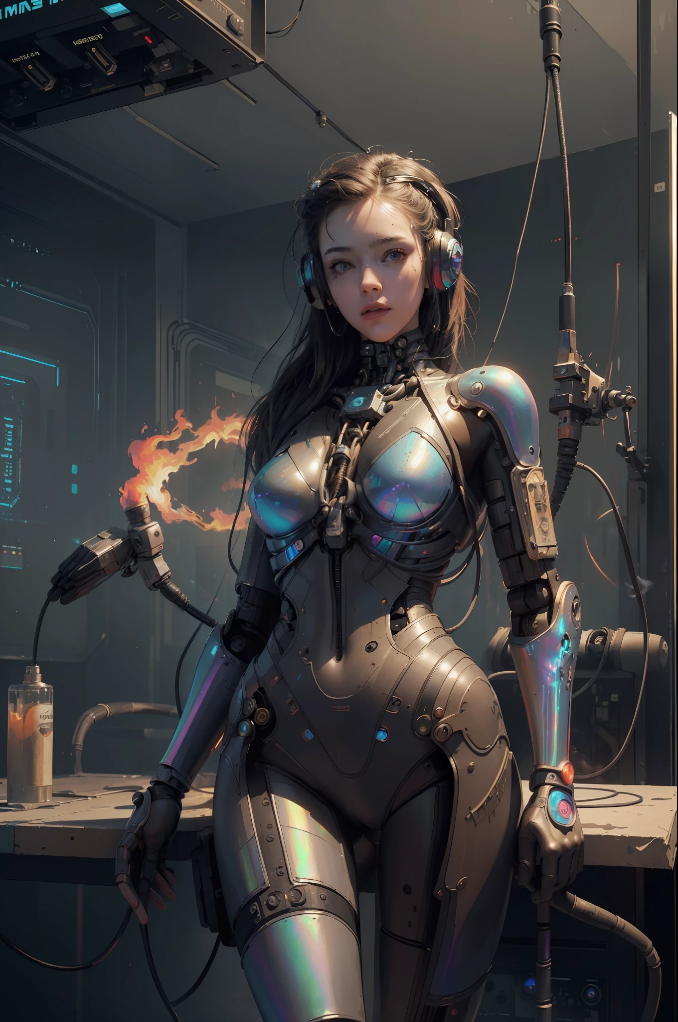 (masterpiece, best quality, highres, absurdres, detailed:1.2), humanoid, robot, wearing headphones, looking away, (cyberpunk, art canvas, paint brush, easel, iridescent, holographic: 1.6), (cables, wires, flames, fire, smoke, overheat, explosion, indoors, room, simple background)