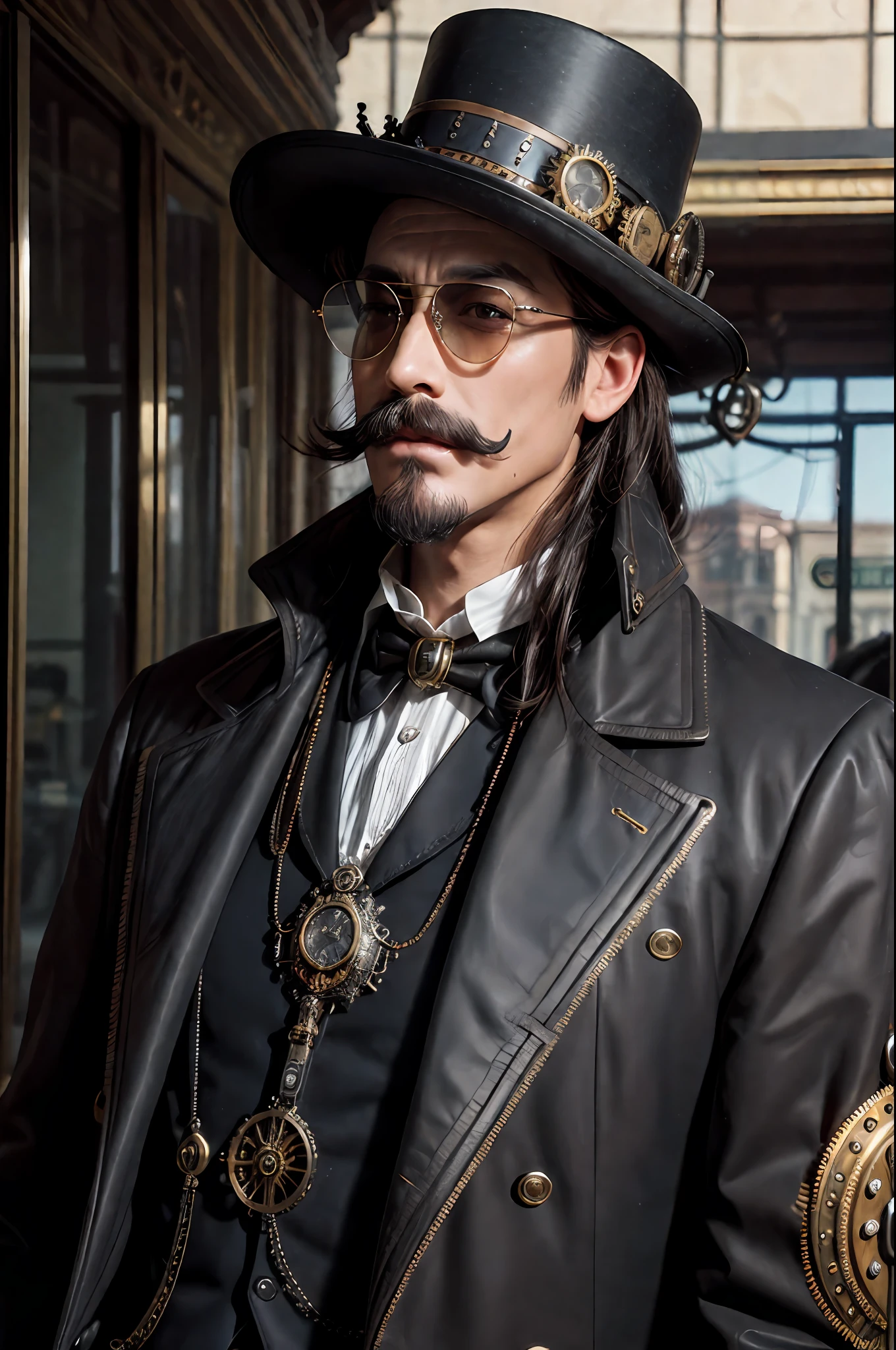 close up, 1man, gentelman in the hat and round steel gear, sunglasses, perfect short mustache, victorian era, ((steampunk)), cinematography, crafted, elegant, meticulous, magnificent, maximum details, extremely hyper aesthetic, intricately detailed, Hippie Glasses Retro Round Metal