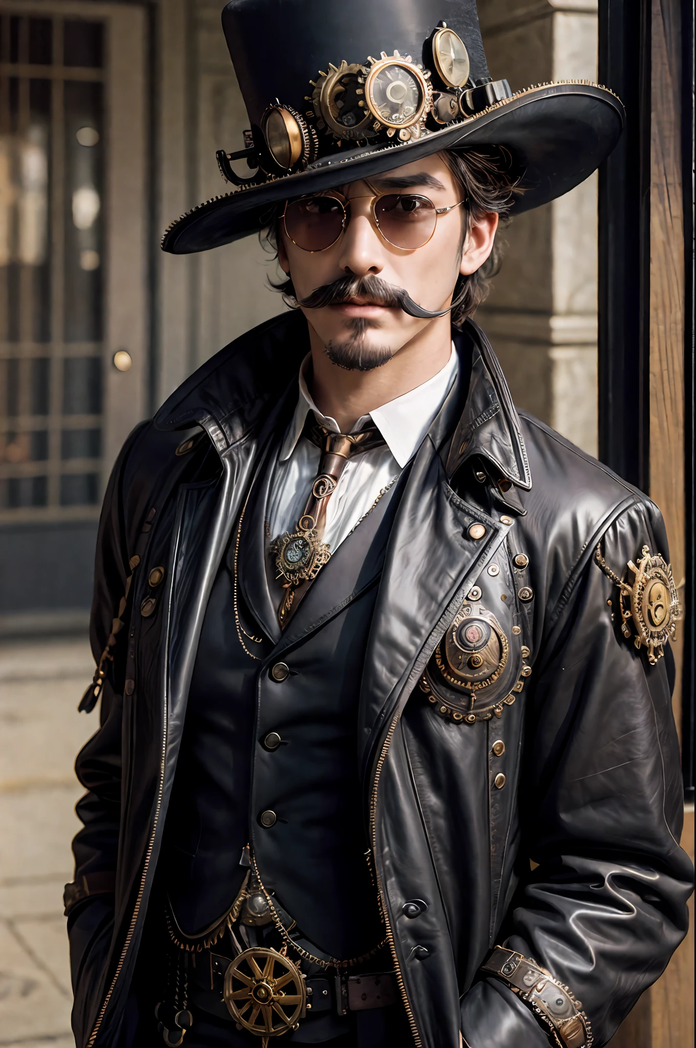 close up, 1man, gentelman in the hat and round steel gear, sunglasses, perfect short mustache, victorian era, ((steampunk)), cinematography, crafted, elegant, meticulous, magnificent, maximum details, extremely hyper aesthetic, intricately detailed, Hippie Glasses Retro Round Metal