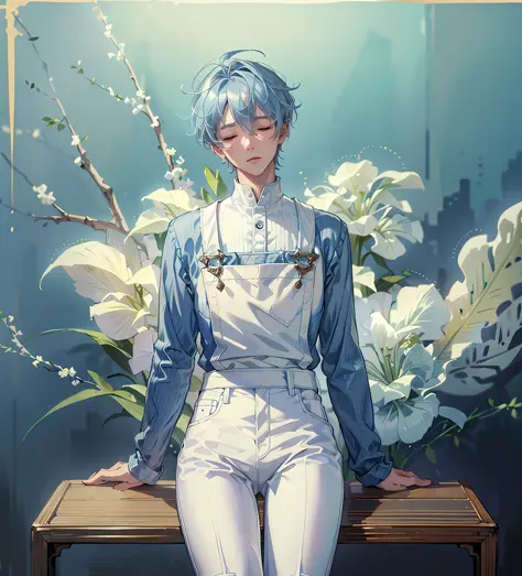 (absurdres, highres, ultra detailed, hdr), masterpiece, best quality, 1boy, solo, handsome, short hair, blue pastel hair, detail...